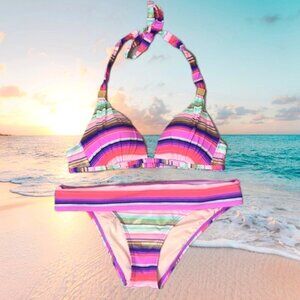 Victorias Secret Bikini Set Striped Wirefree Halter Push Up Metallic Pink Small